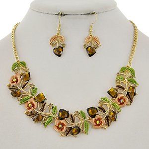GOLD TONE & BROWN FLOWER STATEMENT NECKLACE SET